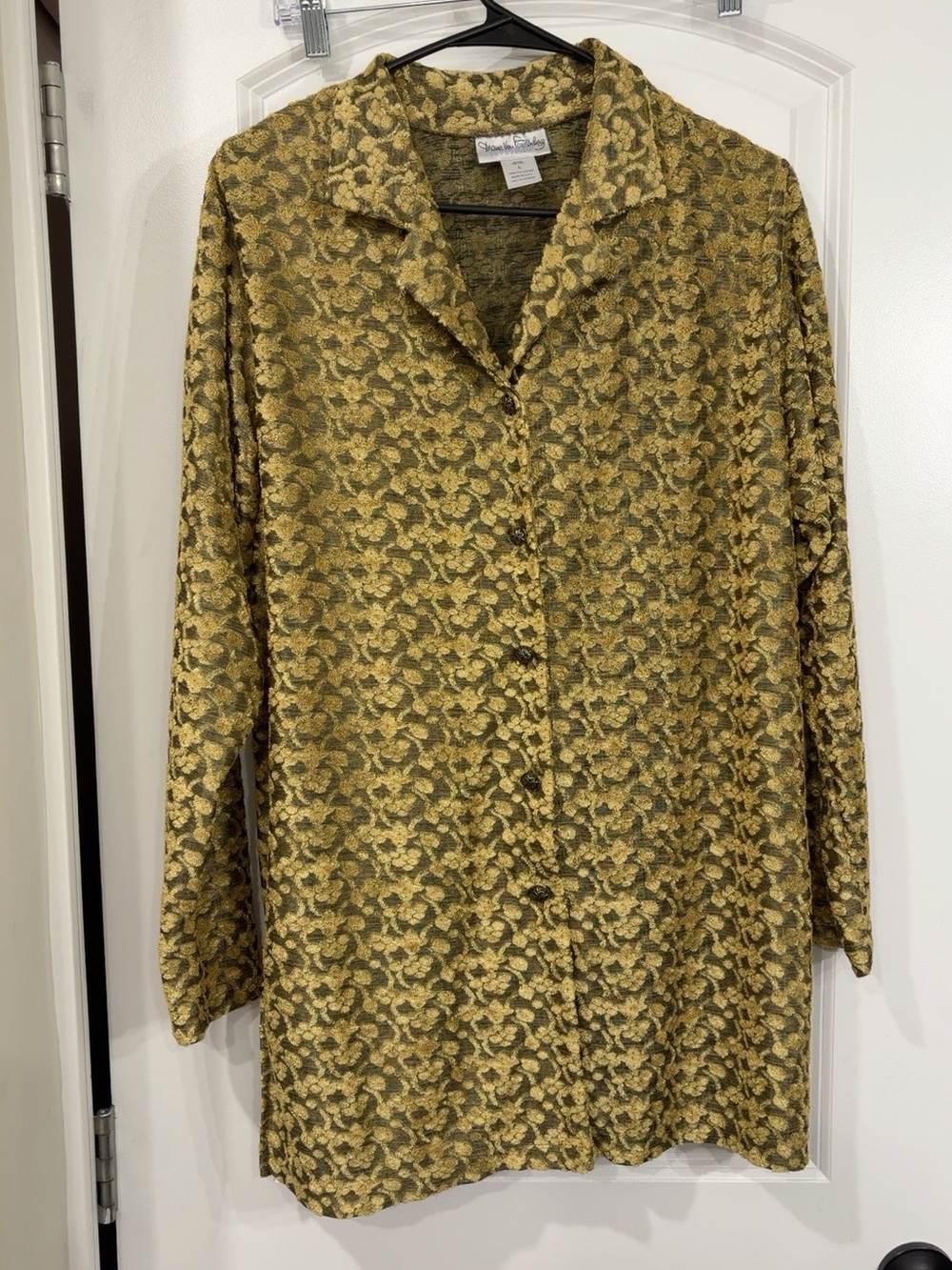 Diane Von Furstenberg Olive Green and Yellow Floral-Texture Button Shirt